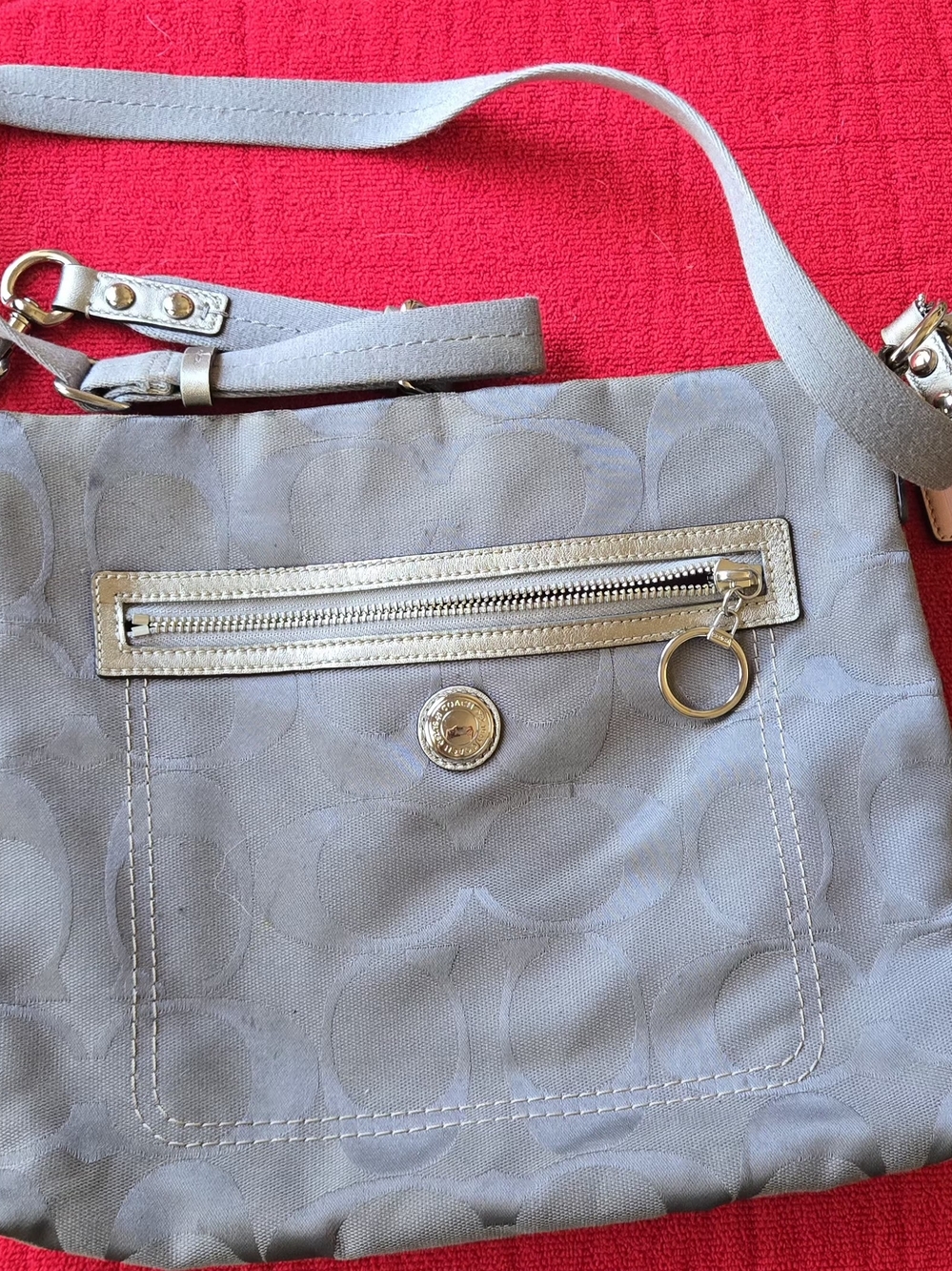 Coach Light Gray Signature Crossbody Bag with Metallic Trim